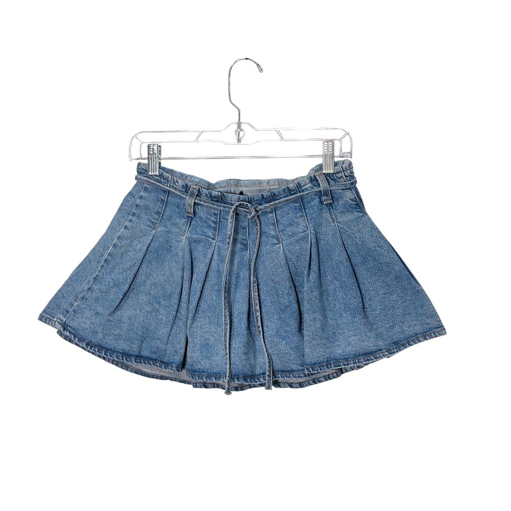 Vintage Y2K Denim Micro Mini Skirt Skort 2 Pleated Low Rise School Girl Academia
